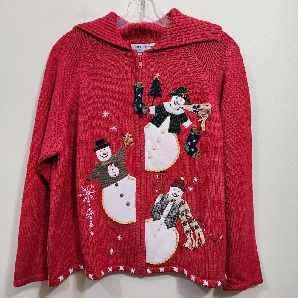 Tiara International snowman applique full zip sweater‎ woman's size large